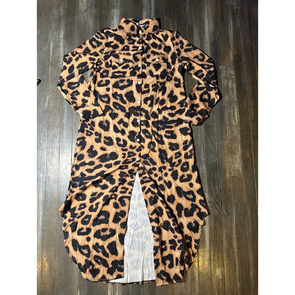 Leopard Print Button Down Maxi Shirt Dress Long Sleeve Animal Print Duster Brown